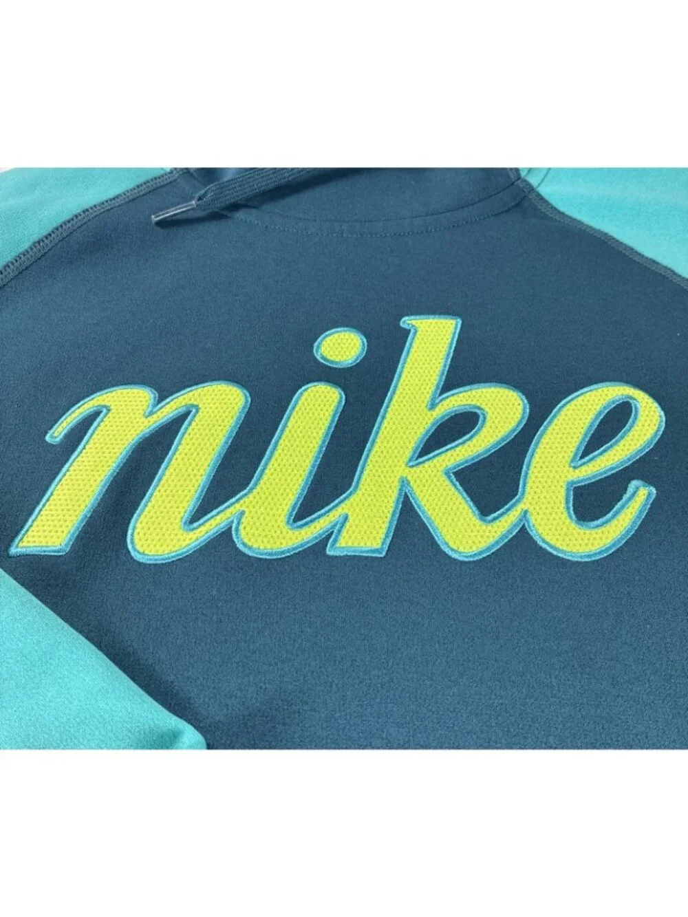 Nike Women's Therma-FIT Colorblock Script Logo Hoodie Teal Blue Neon Volt  SZ  M